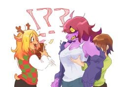 ambiguous_gender anthro background body breast_grab breasts clothing cuckelle deer deltarune female grab group hand human interrobang kris_(deltarune) mammal new_world_deer noelle_holiday on purple reptile scalie shirt simple skin surprised susie_(deltarune) tank top topwear twitter_link undertale_(series) white