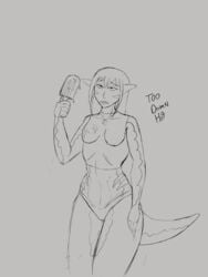 1girls dialogue dinosaur dinoterra fully_clothed heat hot_weather humanoid monster_girl popsicle reptile reptile_humanoid saphira_ravennor sketch summer swimsuit text