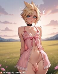 1boy ai_generated arms_behind_back artist_name babydoll balls bare_shoulders black_choker blonde_hair blue_eyes blurry blurry_background blush carminroux choker closed_mouth cloud cloud_strife collarbone covered_nipples cowboy_shot crossdressing field flower foreskin frills grass lingerie lips looking_at_viewer male male_focus navel nipples otoko_no_ko outdoors patreon_logo patreon_username penis see-through shiny_skin short_hair sky solo spiked_hair standing stomach testicles thick_thighs thighs uncensored uncircumcised underwear watermark web_address wide_hips