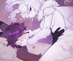 absurd_res anthro arthropod black_eyes bodily_fluids breasts canid canine duo female female_penetrated fur hair hi_res insects kissing krapekk lepidopteran male male/female mammal moth nsfw purple_hair saliva vaginal vaginal_insertion vaginal_penetration vaginal_sex white_body white_fur white_hair
