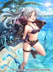 1girls alternate_costume beach belt bikini boots breasts brown_eyes brown_footwear chachie cleavage cloud cloudy_sky collarbone commentary_request company_connection copyright_name day fire_emblem fire_emblem_awakening fire_emblem_cipher fire_emblem_heroes gloves grey_hair jewelry leg_up light_particles long_hair looking_at_viewer medium_breasts navel necklace nude_filter_request o-ring o-ring_bikini o-ring_top ocean official_alternate_costume official_art outdoors palm_leaf palm_tree purple_bikini purple_swimsuit robin_(female)_(summer)_(fire_emblem) robin_(fire_emblem) robin_(fire_emblem)_(female) shiny sky smile solo sunlight swimsuit thigh_strap tree twintails water