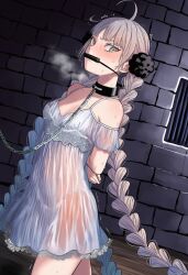 ai_art ai_generated arms_behind_back bit_gag bondage braids breasts chains collar dungeon female female_focus female_only femsub gagged gagged_female leash long_braid nightgown nona_ewin pale_skin prisoner see-through_clothing silver_eyes silver_hair small_breasts steamy_breath straps wet_clothes witchriv