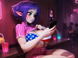 1girls 4th_of_july ai_generated america american american_female american_flag_bikini bar breasts crop_top drinks elf elf_ears female green_eyes hi_res high_resolution indoors large_breasts looking_at_phone neon_lights original_character phone pink_outfit pointy_ears purple_hair seductive seductive_pose shirt_lift short_hair shorts sitting smartphone solo suggestive united_states_of_america upscaled