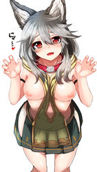 animal_ears arm_strap bangs between_breasts blush breasts breasts_out claw_pose clothes_between_breasts erun_(granblue_fantasy) eyebrows eyebrows_visible_through_hair fangs female from_above granblue_fantasy grey_hair hair_between_eyes hands_up head_tilt heart long_hair looking_at_viewer nipples open_mouth palms red_eyes sen_(granblue_fantasy) sketch skirt solo tenken_(gotannda)