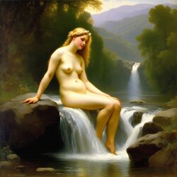 ai_generated belly blonde_hair blue_eyes breasts curly_hair curvy lips long_hair navel nipples nude nude_female presenting pubic_hair realistic sitting sitting_on_rock small_breasts smile solo water waterfall william_bouguereau