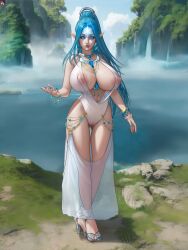 areolae blue_eyes blue_hair boobdollz bracelet cleavage elf high_heels huge_breasts jewelry long_hair navel necklace nipples oc original see-through solo water