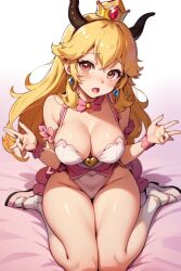 adorable ai_generated big_breasts cute horns horny horny_expression kawaii large_breasts lewd_face mario_(series) princess_peach thick_thighs thighs