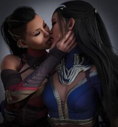 2girls 3d black_hair cleavage clone closed_eyes edenian female female_only french_kiss fully_clothed hand_on_face hand_on_waist head_tilt incest incest_(lore) intimate kissing kitana kiteena love mileena mortal_kombat mortal_kombat_1_(2023) oddly_wholesome open_mouth princess rayalterego23 royalty sisters taboo tongue_in_mouth tongue_kiss tongue_out twins yuri