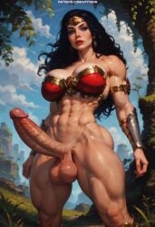 abs ai_generated armband armbands big_breasts big_penis black_hair blue_eyes bracers circlet dc dc_comics diana_prince dickgirl dickgirl_only dominant dominant_futanari dominant_look erect_penis erection futa_focus futa_only futanari muscles muscular muscular_arms muscular_futanari muscular_thighs nayvenn self_upload stable_diffusion themyscira wonder_woman wonder_woman_(series)