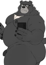 2024 absurd_res anthro ass bear belly big_belly black_body black_nose cellphone cute_fangs electronics eyewear genitals glasses hi_res humanoid_hands kemono male mammal moobs nanntaro nipples overweight overweight_male penis phone smartphone solo