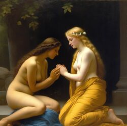 2girls ai_generated bed belly blonde_hair blue_eyes breasts brown_hair clasped_hands curly_hair curvy dark-skinned_female female female_only flower_in_hair kneeling long_hair medium_breasts multiple_girls nipples nude pale-skinned_female praying presenting realistic sitting small_breasts smile topless william_bouguereau yellow_dress