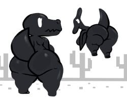 big_ass big_breasts black_body breasts bubble_butt cactus dinosaur dinosaur_(google_chrome) flying google huge_ass lewdewott looking_at_viewer looking_back simple_background thick_thighs white_background wide_hips wings