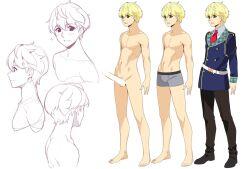 1boy abs aiguillette bar_censor barefoot belt bishounen blonde_hair blue_eyes blue_jacket blush boxer_briefs buttons censored clothes_on/clothes_off collarbone collared_shirt commentary_request completely_nude cropped_torso double-breasted erection from_side full_body hair_between_eyes ino_(magloid) jacket kurota_toshihito lapels large_penis looking_at_viewer male_underwear military_jacket multiple_views navel necktie no_nipples nude otomege_no_akuyaku_mob_sono_2_wa_hametsu_end_wo_kaihi_shitai. pants parted_lips penis plaid_lapels plaid_sleeves portrait profile red_necktie reference_sheet school_uniform shirt shoes short_hair shoulder_boards smile sparkle standing testicles underwear variations white_background white_shirt