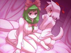 2girls animal_ears ass bare_legs barefoot blush bow breasts commentary_request dress_shirt embarrassed feet front_ponytail green_eyes green_hair hairbow hat hina_kagiyama indoors inubashiri_momiji kagiyama_hina large_breasts long_hair momiji_inubashiri mono_(moiky) multiple_girls naked_shirt red_eyes seiza shirt short_hair sitting tail tokin_hat touhou wariza wet wet_clothes white_hair wolf_ears wolf_tail