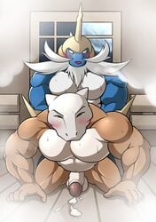 all_fours anal anal_sex anthro anthrofied balls beard biceps blush closed_eyes cum cum_on_ground facial_hair from_behind_position horn maldu male male_only manly marowak moustache musclegut muscular nintendo nude orgasm pecs penetration penis pokemon samurott sex skull sweat yaoi