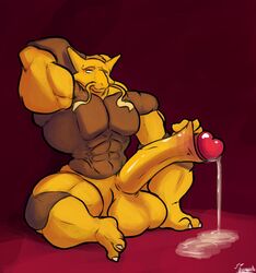 1boy 2018 2_toes abs alakazam anthro biceps big_muscles big_penis big_testicles cum cum_on_ground hand_behind_head hi_res huge_cock huge_testicles hyper looking_at_viewer male male_only muscular muscular_male nintendo nude original_character pecs penis pokemon pokemon_rgby red_background signature simple_background sitting smile solo spread_legs testicles text thick_penis thick_thighs toe_claws toes uniparasite veins veiny_muscles veiny_penis video_games watermark yellow_body yellow_penis yellow_skin