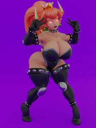 1girls 3d 3d_(artwork) anklet armlet big big_breasts big_thighs black_boots black_gloves black_leotard boots bowsette bracelet cleavage collar crown curvy dark-skinned_female dark_skin double_v earrings elbow_gloves elbow_pads female female_only gloves heel_boots horns huge_breasts huge_thighs knee_pads large_breasts large_thighs leotard lips lipstick looking_at_viewer mario_(series) nintendo pointy_ears ponytail purple_background red_bowsette red_eyes red_hair red_lipstick self_upload solo spiked_anklet spiked_armlet spiked_bracelet spiked_collar spiked_shell spiked_thighlet strapless_leotard tail thick_eyebrows thick_thighs thigh_boots thighlet tied_hair v wide_hips