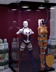 3d batman:_arkham_asylum batman_(series) bound bound_arms bound_legs completely_naked completely_naked_female completely_nude completely_nude_female dc dc_comics harley_quinn mannequin nude nude_female thejpeger trophy_case twintails