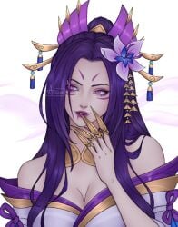 1girls artelsia bare_shoulders cassiopeia_du_couteau facial_markings female female_focus female_only hair_ornament kimono league_of_legends pink_eyes purple_hair snake_girl