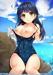 ahoge black_hair breasts covered_navel female kantai_collection large_breasts long_hair neko_neko_koneko nipples one-piece_swimsuit polka_dot polka_dot_swimsuit pulled_by_self solo swimsuit swimsuit_pull ushio_(kantai_collection)