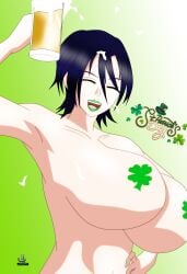 akinama_family_(noir-black-shooter) beer beer_mug big_breasts dark_blue_hair drunk huge_breasts naoko_akinama_(noir-black-shooter) noir-black-shooter oc original original_character purple_eyes saint_patricks_day short_hair st._patrick's_day