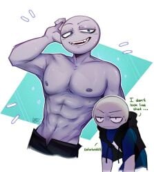 1boy 2d_(artwork) abs bald blue_eyes disappointed_expression dreaming grey_skin muscles muscular_male not_happy pecs peter_(your_boyfriend) shirtless_male smiling_at_viewer white_teeth your_boyfriend_(game)
