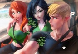 1boy 2girls belt belt_buckle big_breasts black_hair blonde_hair breasts dialogue disney english_text female ginger_hair green_eyes human kim_possible kimberly_ann_possible long_hair male multiple_girls ron_stoppable sakimichan shego short_hair text