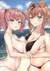 2girls absurd_res absurdres ahshi_(yingchuan_songshu) ass atlanta_(kantai_collection) back-tie_bikini bare_arms bare_back bare_belly bare_chest bare_midriff bare_shoulders bare_skin bare_thighs beach belly belly_button bikini bikini_bottom bikini_only bikini_top black_bikini black_bikini_bottom black_bikini_top black_string_bikini black_swimsuit black_swimwear blue_eyes blue_eyes_female blue_sky blush blush_lines blushing_female breast_press breasts cleavage cleft_of_venus clouds coast collarbone completely_naked completely_naked_female completely_nude completely_nude_female day daylight daytime docking dot_nose earrings elbows embarrassed embarrassed_female exposed exposed_arms exposed_back exposed_belly exposed_midriff exposed_shoulders exposed_thighs exposed_torso eyebrows_visible_through_hair female female_focus female_only fingers groin hair_ornament hair_ornaments high_resolution highres holding_hands hourglass_figure interlocked_fingers kantai_collection large_breasts light-skinned_female light_skin lips looking_at_viewer medium_hair multiple_females multiple_girls navel nervous nervous_expression nervous_face nervous_female ocean orange_eyebrows orange_hair orange_hair_female outdoor outdoors outside pink_eyebrows pink_hair pink_hair_female pressing_breasts_together pussy sand saratoga_(kantai_collection) sea seaside short_hair shoulders shy shy_expression sideboob sky slender_body slender_waist slim_girl slim_waist smile smiling smiling_at_viewer standing string_bikini swimsuit swimwear symmetrical_docking thick_ass thick_thighs thighs thin_waist twintails twintails_(hairstyle) upper_body v-line white_bikini white_bikini_bottom white_bikini_top white_string_bikini white_swimsuit white_swimwear wide_hips