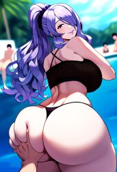 ai_generated arrogant ass big_ass camilla_(fire_emblem) fire_emblem fire_emblem_fates fishnet_topwear groped_from_behind pawg ponytail purple_hair thong thong_bikini