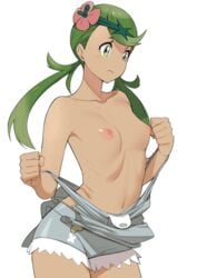 1girls armpits bare_shoulders breasts dark-skinned_female dark_skin female female_only flower green_eyes green_hair hair_ornament human mallow_(pokemon) naked_apron navel nintendo nipples on_head overalls pokemon pokemon_sm simple_background solo stomach sung_park topless topless_female trial_captain undressing white_background