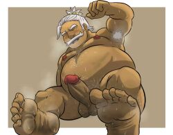 armpit_hair balls bara boner bragotiger erection facial_hair feet hala_(pokemon) male male_only moustache muscles muscular musk nintendo nude penis pokemon solo solo_male sweat sweating