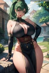 1girls ai_generated armwear artist_name bare_shoulders bare_thighs black_dress blush breast_focus breasts cleavage clothing collarbone dress facing_viewer female female_only fire_emblem fire_emblem:_the_blazing_blade front_view gloves green_eyes green_hair hair_between_eyes huge_breasts jewelry kladen kladenart light-skinned_female light_skin looking_at_viewer lyn_(fire_emblem) mommy navel nintendo outdoors parted_lips pelvic_curtain pinup puffy_lips red_lipstick revealing_clothes sagging_breasts solo stable_diffusion standing thick_hips thick_thighs top_heavy top_heavy_breasts twintails very_long_hair voluptuous voluptuous_female waist_belt watermark wife