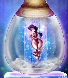 2020 2girls black_hair blue_eyes blush breasts clouds completely_nude completely_nude_female dark_skin djinn floating genie genie_bottle genie_girl genie_tail glass_bottle hachimitsu-ink kissing levitation light_skin multiple_girls purple_hair sparkles starry_background waist_grab wide_hips wrist_grab yuri