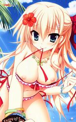 absurdres asahina_shin beach bikini bikini_pull blonde_hair blue_eyes breasts cleavage female flower hair_flower hair_ornament hibiscus huge_filesize jewelry karumaruka_circle long_hair mouth_hold necklace nipples pink_bikini solo swimsuit toranosuke wristband