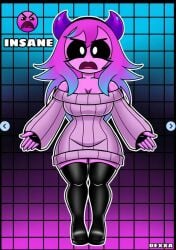 angry clothed dexxa geometry_dash horns insane_(geometry_dash) large_breasts pink_body pink_hair pink_skin sweater thick_thighs