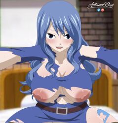 1girls areola artanis69 big_breasts blue_hair blush breasts cleavage fairy_tail female female_only juvia_lockser large_breasts long_hair looking_at_viewer nipples ripped_clothing solo solo_female solo_focus tattoo thick_thighs thighs wide_hips