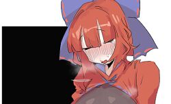 1girls bangs bangs_between_eyes black_topwear blue_bow blush blush_lines blushing bow breasts closed_eyes cropped cropped_image female hair_between_eyes hair_intakes hairbow large_bow large_breasts leebongchun low_res low_resolution lowres preview red_cape red_hair sekibanki short_hair sidelocks sleeping solo sweat sweatdrop touhou