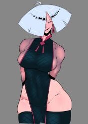 a.k.i. big_breasts black_legwear capcom chinese_clothes earrings front_view huge_ass huge_breasts naughty_face no_panties panda_rojo smile street_fighter street_fighter_6 thick_thighs white_hair white_hair_female wide_hips