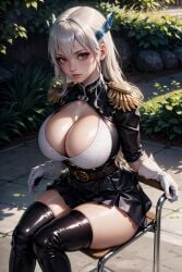 1girls ai_generated big_breasts cleavage kyouka_uzen league69 long_hair looking_at_viewer mato_seihei_no_slave red_eyes thighhighs thighs white_hair