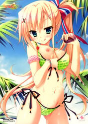 :q absurdres asahina_shin beach bikini bikini_pull blonde_hair blue_eyes blush breast_slip breasts cameltoe cleavage clothes_writing cloud english female front-tie_top green_bikini green_eyes karumaruka_circle long_hair looking_at_viewer lotion lowleg lowleg_bikini naughty_face navel nipples o-ring_bottom one_breast_out outdoors palm_tree ponytail pulled_by_self saga_planets side-tie_bikini side_ponytail sky smile solo standing swimsuit teasing tied_hair tongue tongue_out toranosuke tree x_hair_ornament