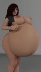 1girls 3d belly belly_inflation big_belly big_breasts black_hair breasts female glasses huge_belly huge_breasts inflation nipples thatoneblueguy