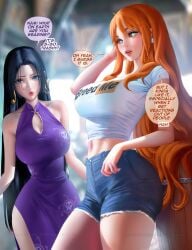 2girls big_breasts black_hair boa_hancock breasts dress female female_only ginger_hair jeans long_hair multiple_girls nami one_piece post-timeskip sakimichan shorts text