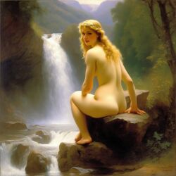 ai_generated back back_view blonde_hair blue_eyes breasts curly_hair curvy lips long_hair nude nude_female presenting realistic sitting sitting_on_rock small_breasts smile solo water waterfall william_bouguereau