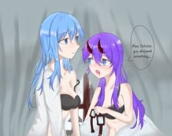 2girls azura_(rainimator) bite bite_mark blood blood_in_mouth blue_eyes blue_hair blush bra demon_girl demon_horns fractures goggles half-dressed half_naked holding_goggles holding_object in_bed minecraft purple_hair rainimator stella_(rainimator_universe) text wholesome yuri