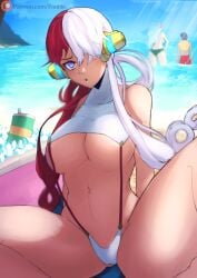 1boy 2girls beach big_breasts blue_eyes cleavage female female_focus foonie_xd looking_at_viewer male monkey_d_luffy multicolored_hair navel one_piece red_hair thick_thighs thighs underboob uta_(one_piece) white_hair wide_hips yamato_(one_piece)