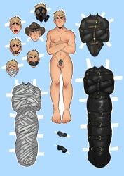 1boy ball_gag blonde_hair bondage chastity_cage chastity_device gay ggartanddrawing human solo solo_male straitjacket submissive_male