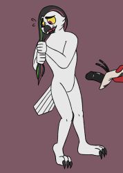 3_toes aaron_amethyst aaron_amethyst_(character) anthro avian beak bird claws featureless_crotch feet gag hi_res horned_owl looking_away male mask_gag nervous nude open_mouth owl purple_eyes snowy_owl solo standing toes true_owl wringing_hair yellow_sclera