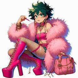 ai_generated artificial-sissy big_breasts bimbo bimbofied cleavage dress female female_deku freckles genderswap_(mtf) green_eyes green_hair high_heel_boots high_heels izuku_midoriya my_hero_academia rule_63 solo