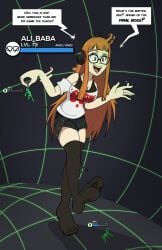 belt belts black_leggings black_top dialogue feet femdom foot_fetish giant_woman giantess glasses headphones leggings life_bar long_hair macro micro nasiri_(artist) orange_hair persona persona_5 red_hair round_glasses sakura_futaba shorts stockings t-shirt trampling video_games virtual_reality