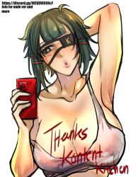 arm_up armpits blowing_kiss blue_eyes breasts crop_top eye_patch female female_focus female_only green_hair hands_behind_head hard_nipples nipples nipples_visible_through_clothing phone pose posing see-through see-through_clothing selfie solo solo_female sweat yellow_eyes